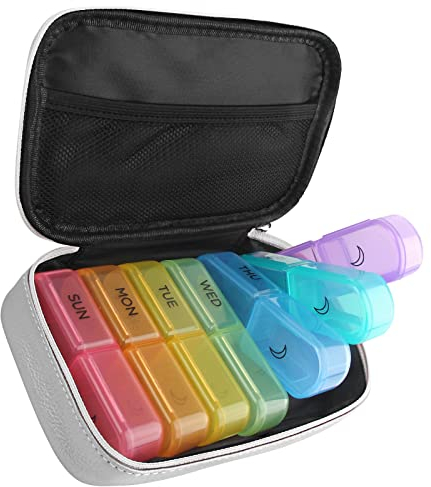 Pillendose 7 Tage 2 Fächer Groß Tablettenbox Morgens Abends Tragbare PU Leder Pillentasche mit Reißverschluss Medikamentenbox Wochenbox für Medikamente Kapsel Vitamine Fischöl (Silber)