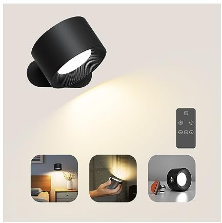 Coollamp Battery Wall Light, Indoor Wall Lamp with Remote/Touch Control, Rechargeable Battery, 3 Color Modes, 3 Dimmings, 360 ° Rotate, LED Wall Sconce for Reading Bedroom Living Room-Black 1PC