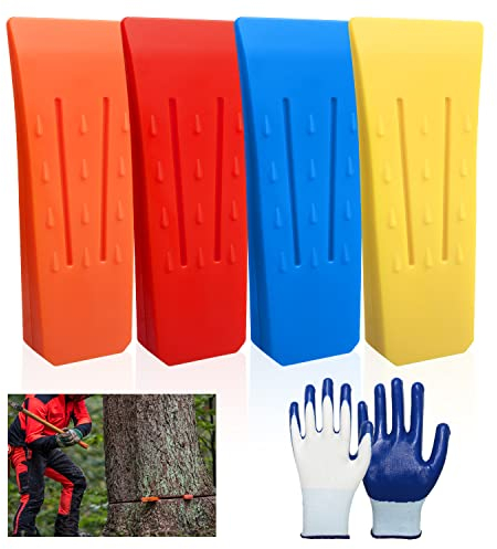 4 Pezzi Cunei di Abbattimento, Cunei per Motosega in plastica, Cunei da abbattimento in plastica,Cunei per Abbattimento Motoseghe,Cunei per Taglio Alberi,con 1 Paia Guanti da Lavoro