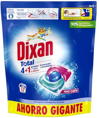 Dixan Total 4+1 Detergente en Cápsulas para Lavadora (52 lavados), jabón para ropa blanca y clara, limpieza, luminosidad y frescor en un detergente