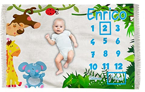 Overthetee Coperta Mesi Neonato - Personalizzabile NOME BAMBINO Complimese - Compi Mese - Bimbo - Bimba - Idea regalo futura mamma Nascita