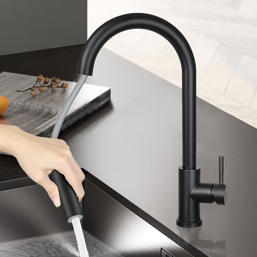 Mursche Wasserhahn Küche Küchenarmatur Schwarz - Ausziehbar Spültischarmatur mit Brause Mischbatterie Spüle 360° Drehbar Armatur Edelstahl mit 2 Strahlarten Küchenwasserhahn Matt | mit Brause Mischbatterie Spüle 360° Drehbar Armatur Edelstahl mit 2 Strahlarten Küchenwasserhahn Matt