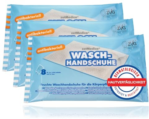 ZVG zetMedica® 3 Packungen feuchte antibakterielle Waschhandschuhe (24 Stück), Parfümfreie Waschhandschuhe, Feuchte Waschhandschuhe, Waschhandschuhe für bettlägerige Patienten (3 Packungen (24 Stk))