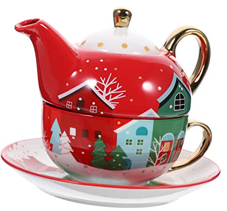 Cabilock Juego De Tetera Navideña Cerámico Taza De Navidad Rojo, Diseño Compacto, Patrón Temático Navideño, Adecuado Para Decoración y Obsequio