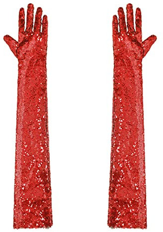 dPois Damen Finger Handschuhe Ellbogen Lange Pailletten Abendhandschuhe Mottoparty Fasching Karneval Kostüm Zubehör Rot Einheitsgröße