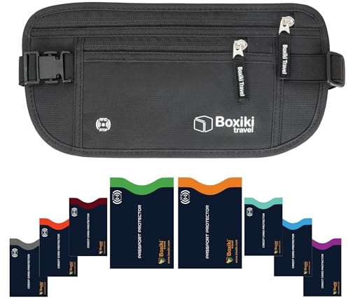 Boxiki Travel, Schwarzer Geldgürtel mit RFID-Hüllen-Set – 8 Stück Marineblau | Sichere Hüfttasche und RFID-Kartenhalter für Männer und Frauen