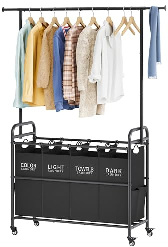 Tajsoon Laundry Sorter Cart with Hanging Clothes Rack, 4 Butler Sorter Basket Organizer, Laundry Hamper Cart with Heavy Duty Rolling Lockable Wheels, Black