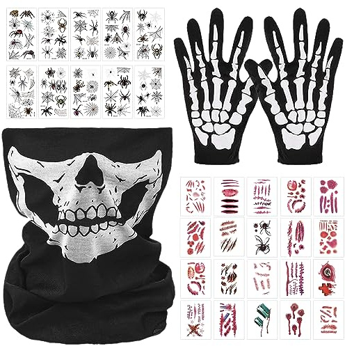 GAROMIA Skelett Maske Skelett Handschuhe Halloween Totenkopf Maske Weiße Skelett Handschuhe Schwarz Spinnen Tattoos Narben Tattoos Schädel Ghost Maske für Halloween Karneval Party Cosplay
