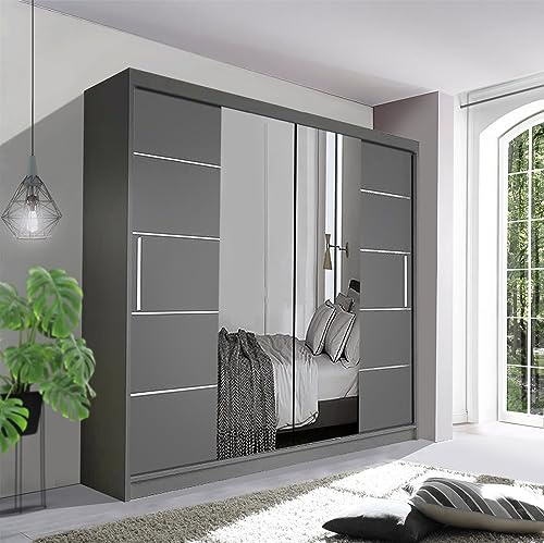 Track-D Modern Bedroom Sliding Wardrobe - Ample Storage Space and Sleek Design comes in White/Grey/Black/Oak and Width 150cm/180cm/203cm/250cm (Grey, 203cm)