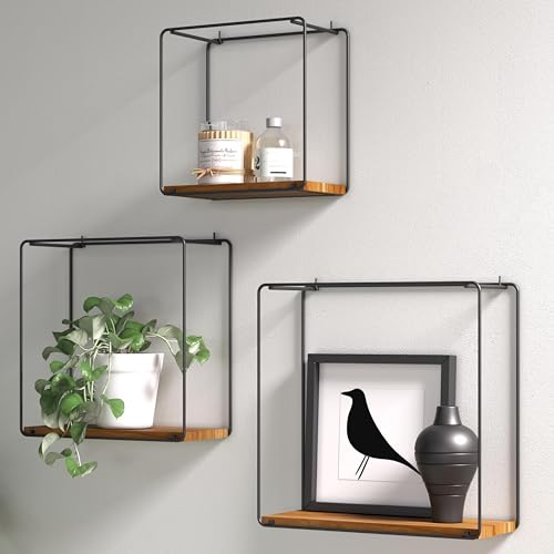 Erreke Wandregal Holz und Metall 3 Stück, 100% Authentische Teakholz, Wandregale Schwarz, Holzregal Wand, Regal Wand, für Büro Wohnzimmer Schlafzimmer Küche
