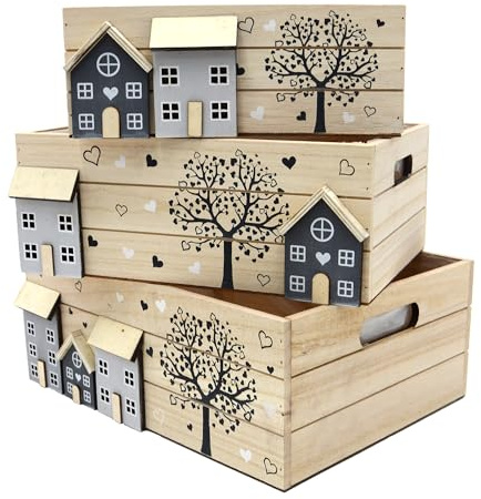 UNUS Holzkisten 3er Set, Holzdeko im Landhausstil, 26 x 16 x 10 cm | mit Pflanzfolie, Bepflanzbare Aufbewahrungsbox Holz, Dekokisten als Geschenk, Dekoration für Balkon oder Innenbereich