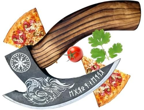 CraftTal Handgjord pizzavikingaryxa av kolstål med ekträhandtag, pizzaskäryxa vikingadekoration – vikingayxa, pizzakniv, vikingingkniv, yxa
