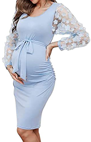 Robe Grossesse Chic et Elegant - Manche Longue Dentelle Col Rond Fleur - Enceinte Pas Cher - Volants Maxi - Maternité Fête Soirée Mariage Cérémonie (Bleu, XL)