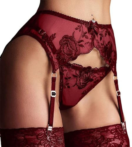 Reggicalze Donna Sexy Pizzo Trasparente con Perizoma Lingerie Maglia Floreale 4 Clip Regolabili Calze, Biancheria Intima Giarrettiere Vita Alta 2 Pezzi Mutandine Clubwear Metallo (Standard, Rosso)