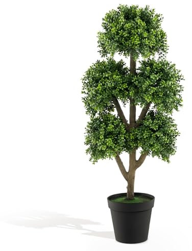 COSTWAY Arbre Topiaire en Buis Artificiel à 5 Boules 115 cm, Fausse Plante de Buis avec Pot Lesté Rempli de Ciment, pour Décoration de Maison Bureau Jardin et Entrée(115 cm)