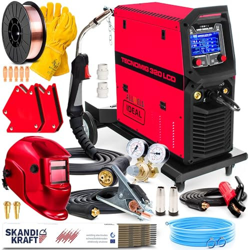 Ideal Tecno MIG 320 LCD - Soldador Inverter Profesional 320A 400V - Máquina de Soldar Inverter con Sinergia Total - MIG/MAG, MMA, TIG DC - Regulación de Inductividad - 4 Rodillos - Set Premium