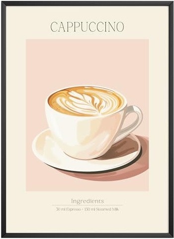 MJ-GRAPHICS - Poster Cappuccino - Bild mit Speisen Rezept & Zutaten - Wandbild Din A3 in Galerie Qualität mit extra dickem 300g Posterpapier - Retro Poster FineArt Kunstdruck ohne Bilderrahmen