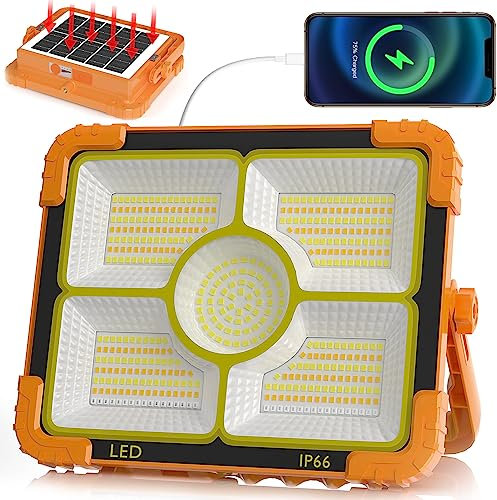 MUEZDUR 100W Portable Work Light, 466 LED Rechargeable Work Light Floodlight 10000 LM Super Bright Outdoor Worklight for Emergency, Repairing, Camping - 5 Modes, USB & Solar Powered