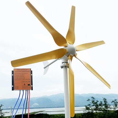 ZHOZHUT 800W-1200W Horizontal Axis Wind Turbine Generator 12V 24V 48V Wind Power Generator Kit With 6 Yellow Blades And MPPT Controller Automatic Wind Direction Adjustment For Boats Gardens,800W,24V