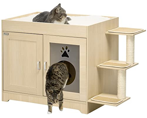 PawHut Mobile per Lettiera a 2 Ante con Spazio Portaoggetti e Pali Tiragraffi, Casetta per Gatti in Legno con Cuscino in Peluche, 107x54x70 cm, Rovere