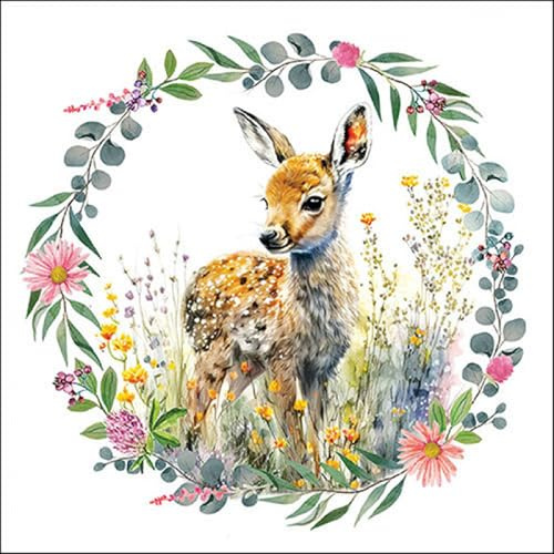 20 Servietten Tiere Kitz in Blumenkranz als Tischdeko. Papierservietten mit Motiv. Auch für Decoupage und Serviettentechnik 33x33cm