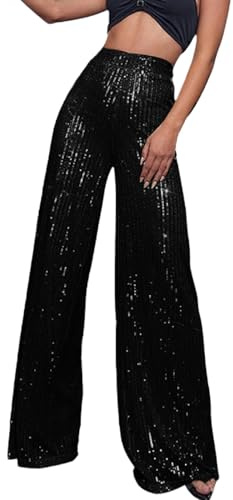 Generisch Glitzer Hose Damen lang Pailettenhose - Weites Bein Hose Elastische Taille Lose Fit Glitzerhosen Elegant Freizeithose High Waist Palazzo Party Outfit Festival Club Hosen