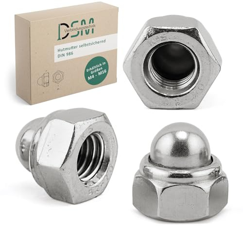 DSM – Hutmuttern M4 selbstsichernd nach DIN 986 – Edelstahl A2 – 10 Stück | [TrueSpec Präzision] Sechskant-Hutmuttern mit Polyamidklemmteil, rostfreie Sicherungsmuttern, Stopmuttern, Klemmmuttern