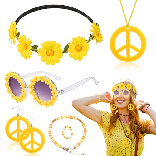 6 Stücke Hippie Kostüm Zubehör Set, 60er 70er Jahre Hippie Kostüm Kit mit Gänseblümchen Stirnband Sonnenbrille Friedenszeichen Halskette Ohrringe Armband Ring für Herren Damen Halloween Karneval Party
