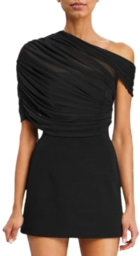 Auriselle Femme Maille Patchwork Mini-Robe Asymétrique Encolure A-Ligne Cache-Coeur Plissée Manches Courtes Slim Fit Club Court Bodycon Robe, Noir, M