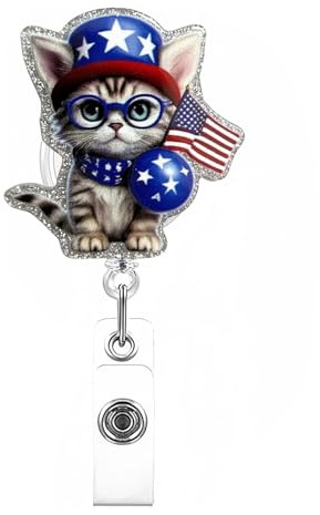 Funny Cat Badge Reel Independence Day Badge Holder for Nurse Doctor Retractable Cute Balloon Cat Bade Clip 4th of July Five-Pointed Star Badge Holder for Patriotic Decor