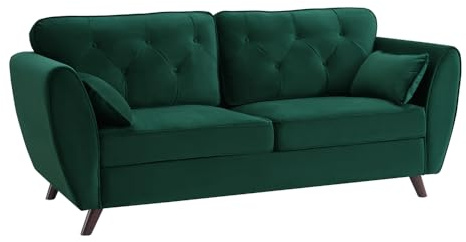 Home Detail Fabric Sofa as 2 Seater Sofa and 3 Seater Sofa Size, Linen or Velvet Couch with Matching Cushions & Wooden Legs (Green Velvet, 3 Seater)