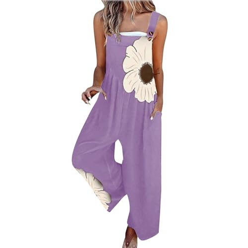 Angxiwan Jumpsuits for Women UK Plus Size Dungarees for Women UK Plus Size Floral Print Sleeveless Suspender Jumpsuit with Pocket Summer Loose Fit Button Adjustable Daily Deals of The Day