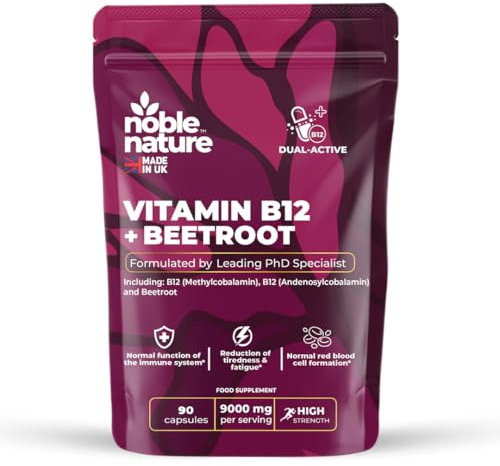 Beetroot & Vitamin B12 Complex – 9000mg Beetroot + 1000mcg Dual B12 (Methylcobalamin & Adenosylcobalamin) – Energy & Immune Support – 90 Capsules – UK Made (90)
