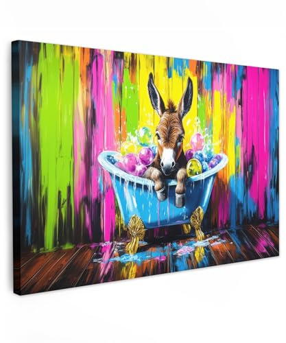 MuchoWow© Leinwandbild Groß XXL Dekoration Wohnzimmer Bilder Pictures Wall | 120x80 cm - Decoration Living Room Wohnungs Deko Moderne Bild Esel - Badewanne - Rosa - Schaum