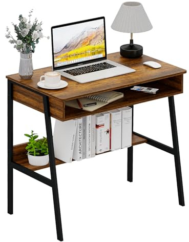 BAKLAM Small Desk, 80CM Computer Desks, Bureau de Travail, Bureau Gaming, Study Table, Tables with Drawers, Wood Vanity Dressing with Metal Frame, for Bedroom, Livingroom, Office, Brown Oak