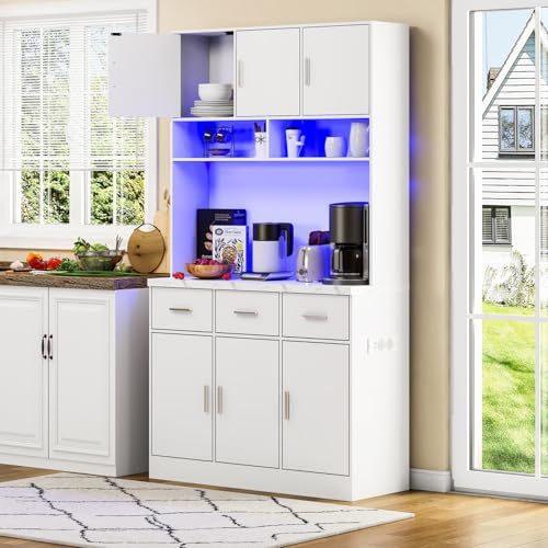 OLIVIBED Bufféskåp med bänkskiva, modernt förvaringsskåp för kök med grenuttag, multifunktionell buffé med LED-belysning och 3 lådor (vit)