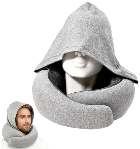 Bocguy Nackenkissen Flugzeug, Reisekissen mit Kapuze, Nackenhörnchen Erwachsene 360° Memory Foam Nackenstütze Samtweich & Atmungsaktiv, Waschbarer Bezug