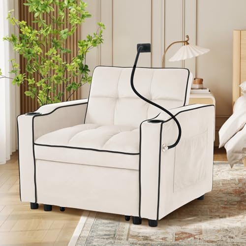 SoarFlash Sofá-Cama Extensible 3 en 1 Sillón Reclinable Individual Forrado, Bolsillo Lateral, Porta-Tazas y Porta-Teléfono Espacios pequeños，83 x 167 x 76 cm, Blanco