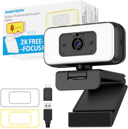 Danyesth 2K Webcam for PC and Loptop, USB Webcam with Light and Mic, PC Camera with Anti-Disturb Backlight, Flip and Zoom Functions, Privacy Cover, Facecam Work for Meetings, Streaming. Plug & Play