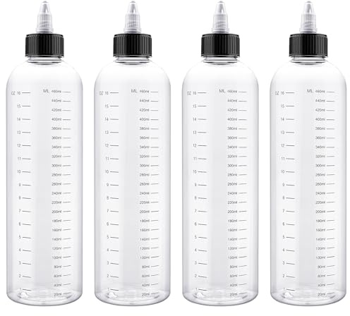 Decorniqu 4 Pack Hair Oil Applicator Bottle 500ml Measured Squeeze Bottles with Graduated Scale Oil Applicator Twist-On Top Tip Cap Empty Plastic Dry Bottle(Clear)