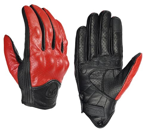 MOTOCENTRIC Guanti da moto in pelle,Guanti da moto per uomini e donne,Vintage in pelle di pecora,Protezioni rigide,con schermo tattile,Guanti da ciclismo per ciclismo (Red-Hole, L)