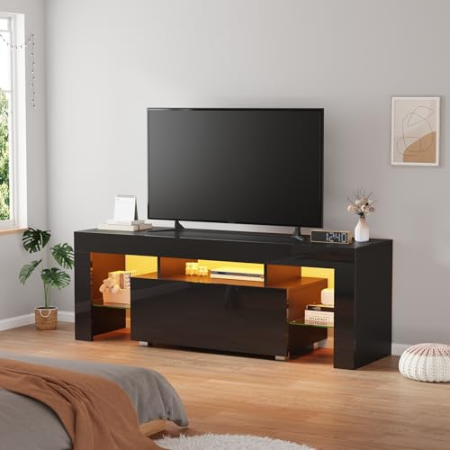 Menaka Led TV Stand Cabinet for 55-65inch TV with Drawer and Shelves, 130cm TV Unit Entertainment Media Center Console Cabinet Wood High Glossing for Living Room Bedroom (Black High Glossing)