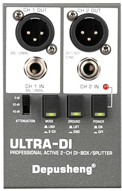 Depusheng Ultra-DI Di2 - Caja DI/Divisor activo profesional de 2 canales con atenuador de entrada para conectar guitarra y bajo, conector balanceado y no balanceado, compatible con 48 V