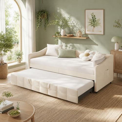 Polsterbett Schlafsofa 90x200 cm, Tagesbett ausziehbar mit Ausziehfunktion, Ausziehbares SchlafsofaTagesbett mit Ausziehbett und Lattenrost aus Holz, Gästebett Daybett, Ohne Matratze (Creme-A)