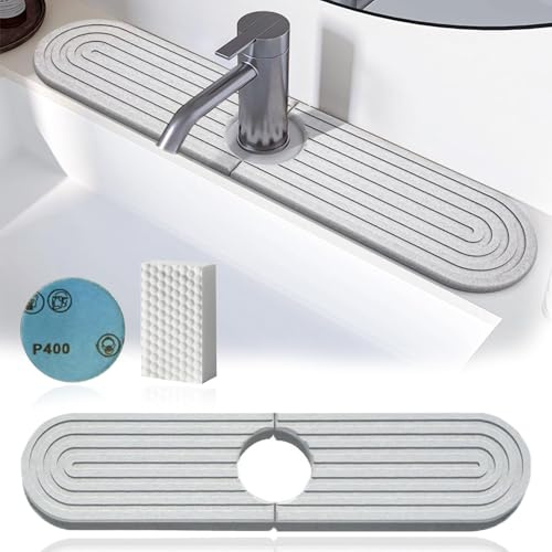 YYUEZHI Abtropfmatte Spüle Wasserhahn Spritzschutz, Wasserhahn Matte Kieselgur, Wasserabsorbierendes Steintablett, Schnelltrocknend, rutschfest, Sink Mat Für Küche, Bad (Grau, 40 X 10 cm)