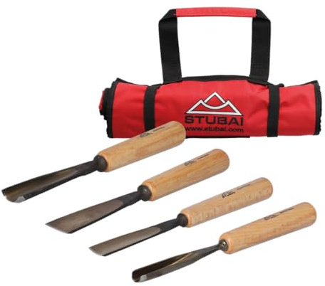 STUBAI Schnitzersatz | 4-teiliges Schnitzwerkzeug-Set mit geradem Flacheisen 30 mm & geraden Hohleisen 10/20/25 mm | Profi-Schnitzeisen mit Holzheft für Bildhauerei, Restaurierung & Holzschnitzerei