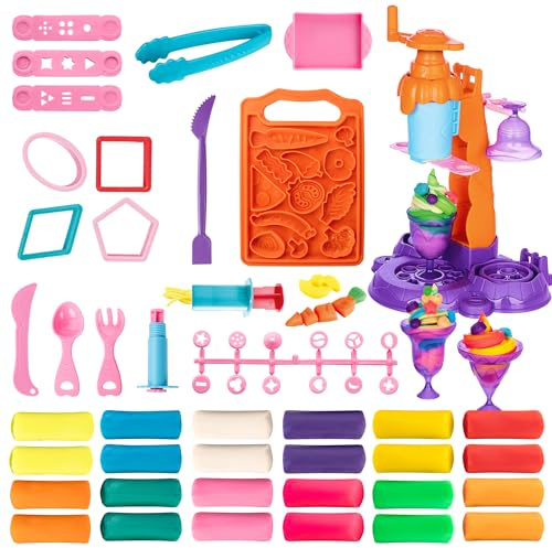 Genio Kids Knete Eismaschine Spielset - 47 Teile DIY Knete EIS-Set mit Swirl-Funktion, Zubehör & Formen - Knetwerkzeug 720 g Kinderknete 47 Stück Knetset Knetmasse Geschenk Mädchen & Junge (new)