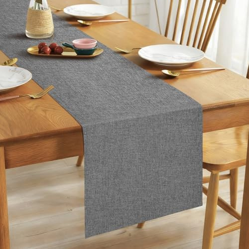 Alaoo Linen Table Runner, 40 * 140cm Elegant Rustic Farmhouse Table Runner, Washable Kitchen Dining Table Decoration for Dining Holiday Parties and Everyday Use, Dark Gray