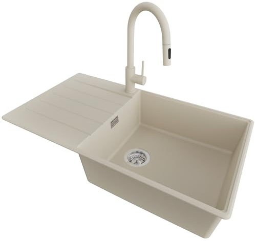 PRIMAGRAN Evier Cuisine en Granit au Meuble 60cm + Robinet, 90x50cm | Set: Robinet BW9010 + Kit de Vidage (Siphon, bonde d’évacuation, trop-plein) + Lavabo 1 Bac - Copenhague Top, Beige