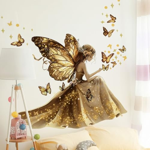 WandSticker4U®- [Extra groß] Wandtattoo Jugendzimmer MÄDCHEN & SCHMETTERLINGE in Gold (110x112 cm) I Wandsticker Kinderzimmer Fee Teenager I Wand Deko Jugendzimmer Mädchen Schlafzimmer xxl COOL